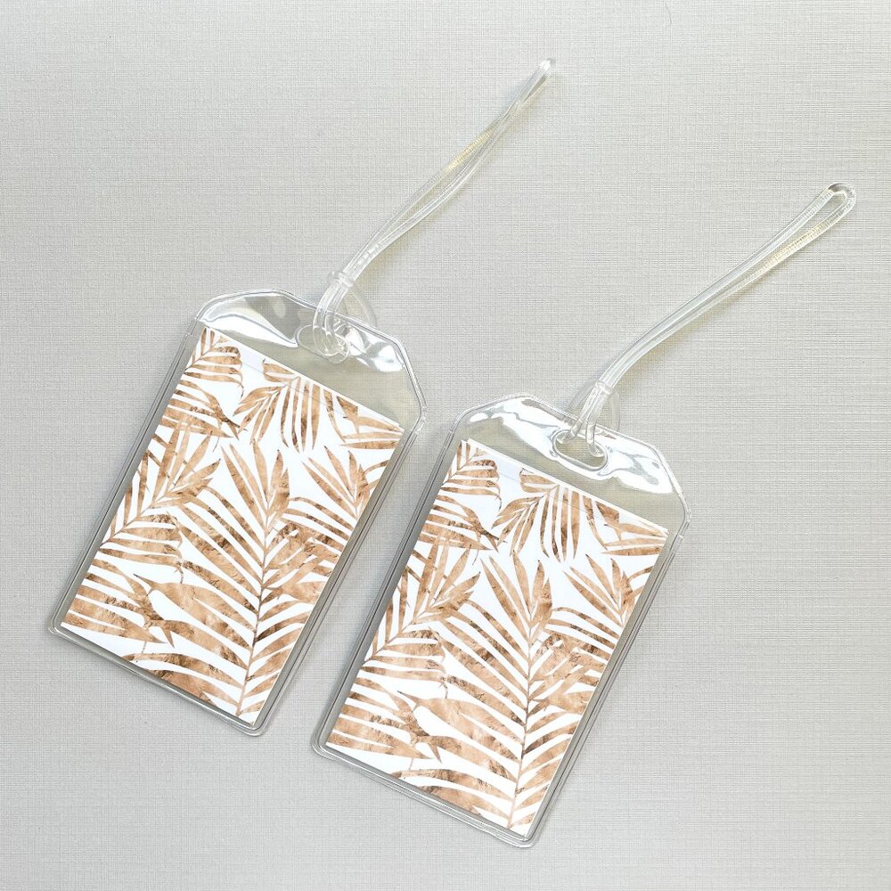 Luggage Bag Tags, SET OF TWO, Gold and White Tropical Leaves